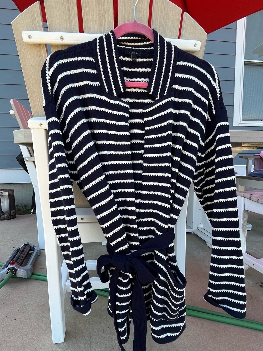 Talbots Striped Navy and White Knit Belted Cardigan Sweater